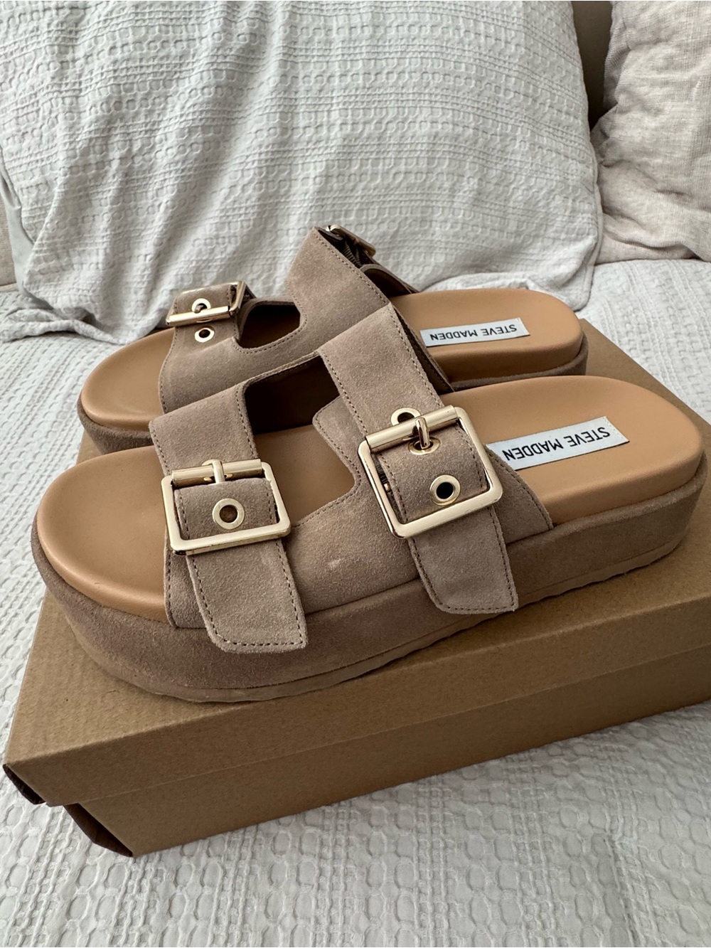 NEW Steve Madden Katie Taupe Suede Double Buckle Platform Mule
